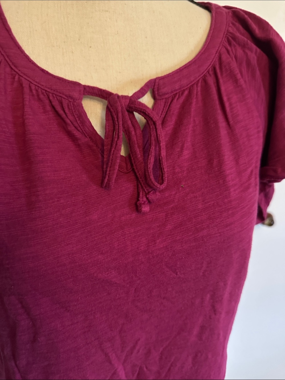 Time and Tru Raspberry Tie-Neck Ruffled Sleeve Blouse - Picture 2 of 4